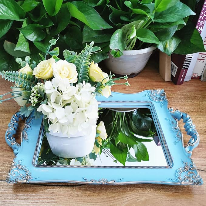 Rectangle Decorative Mirror Tray, French Style, Makeup Organizer, Jewelry Organizer, Serving Tray, 9.5"x 14.9", Golden Blue