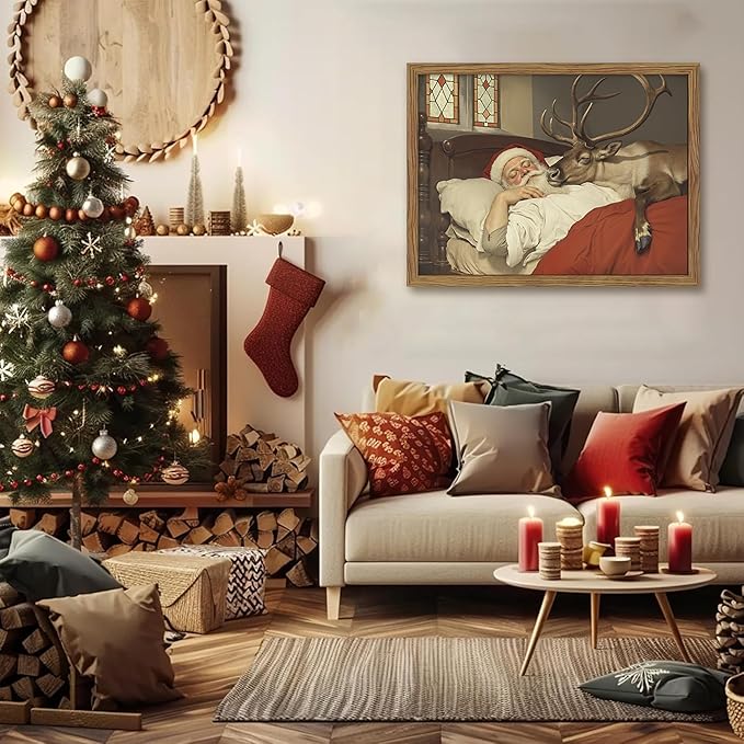 Framed Christmas Wall Art, Vintage Santa Claus and Reindeer Canvas Prints Winter Holiday Home Decor Christmas Wall Decor for Bedroom Living Room – 16x24in