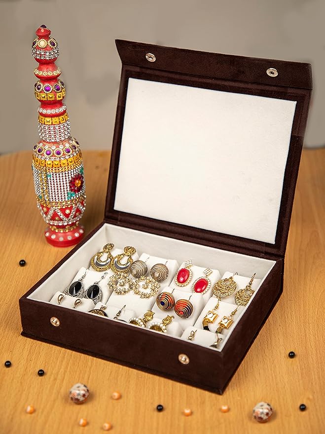 atorakushon Velvet Earrings Jewelry Box Women 12 Slots Jhumka Jewelry Organizer, Rings Earrings Holder Organizer Display Storage Case, for Woman and Girls (Brown)
