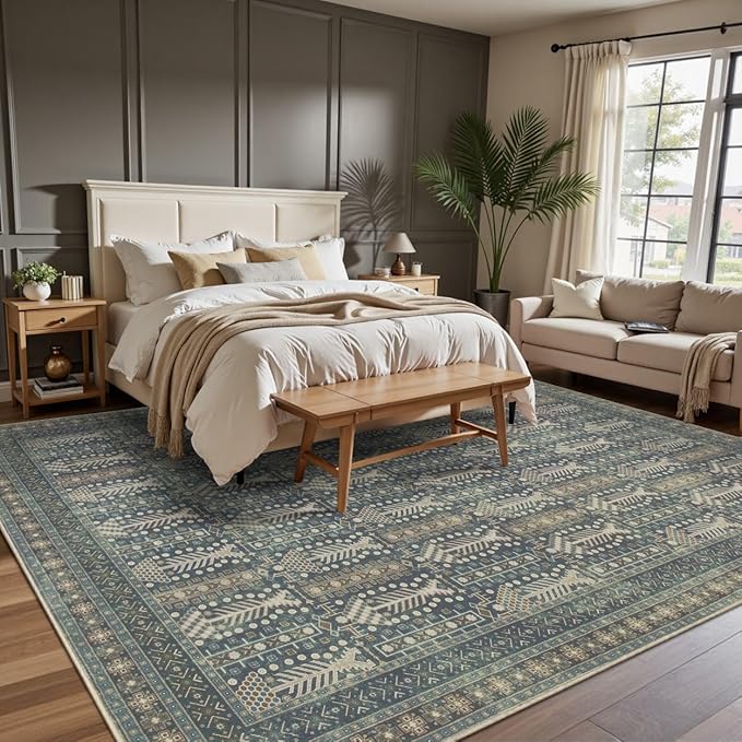 Rugxara 8x10 Washable Area Rugs for Living Room&Bedroom - Floral Boho Vintage Rug,Soft & Non-Slip,Low Pile Wool Carpet for Indoor Dining Room,Girls Room,Nursery Room and Kids Room(Ivory Blue)
