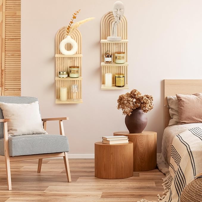 Geetery 2 Pcs Boho Wall Shelf Arch Wooden Floating Shelves Mid Century Rainbow Wall Shelf Hanging Holder Double Vintage Mount Altar Decor for Nursery Bedroom(3 Tier)