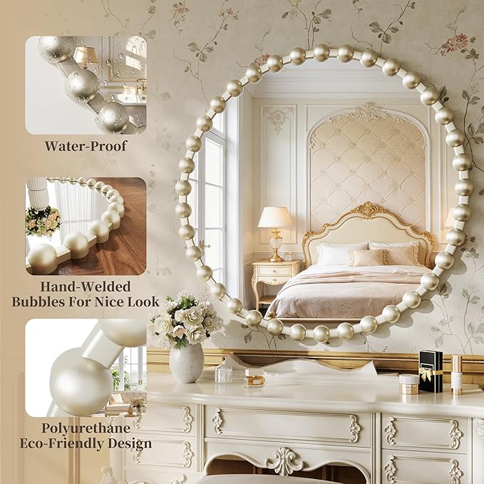 Round Vanity Wall Mirror, 36 Inch Beaded Frame Circle Mirror for Bathroom, Bedroom Dresser, Entryway, Living Room, Decorative Hanging Wall Mirror, Silver