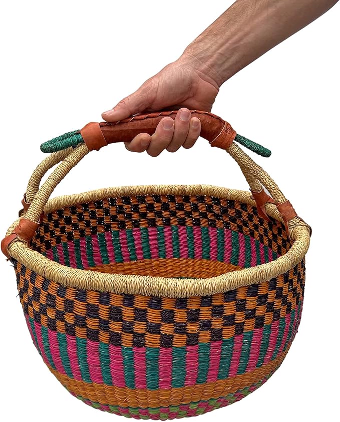 Africa Heartwood Project Deluxe Colorful African Basket with Leather Handles - Handmade from dried Elephant Grass, Hand-Woven by Women in Bolgatanga, Ghana - Large 16" Round Flat-packed