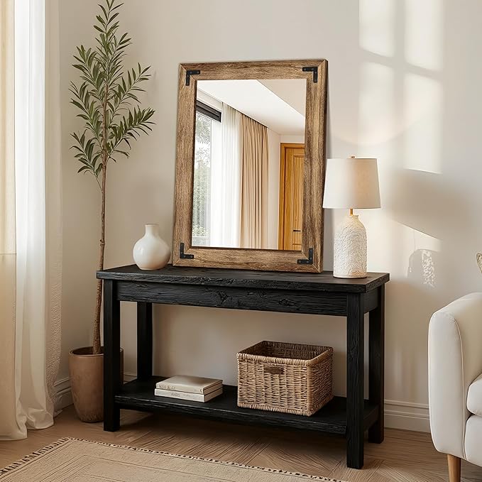 Wooden Bathroom Mirror for Wall, 32"x24" Solid Wood Frame Vanity Mirror, for Farmhouse, Bedroom, Living Room, Entryway Decor, Hangs Vertically or Horizontally