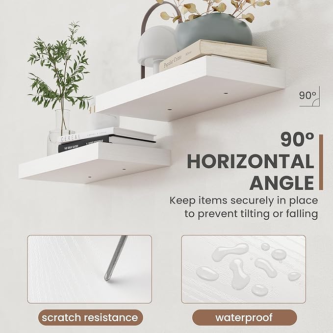 Acovy 36 Inch Floating Shelves, 8 Inch Deep Floating Shelves for Wall, Hanging Shelf with Invisible Brackets, Deep Shelves for Bathroom, Bedroom, Living Room, White, Set of 2