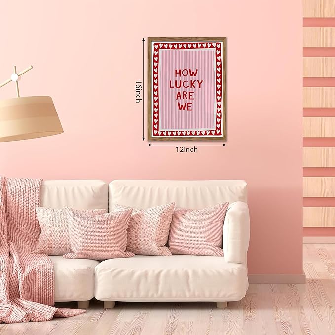 Framed How Lucky Are We Wall Art, Vintage Pink Inspirational Canvas Wall Decor Painting, Trendy Preppy Stripe Romantic Quotes Posters Prints Pictures for Bedroom Dorm Valentine Gift 12x16 Inch