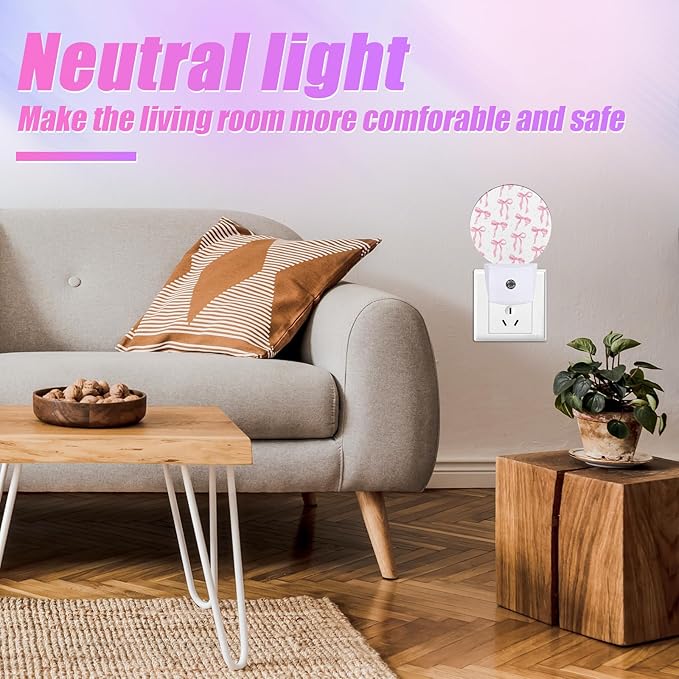 Pink Bow Night Light Ribbon Night Lights LED Lamp Round Plug into Wall Nightlight with Dusk to Dawn Sensor Home Hallway Stairway Kitchen Decor