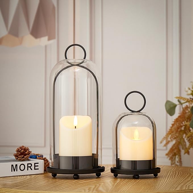 Hurricane Metal & Glass Candle Holder Black Set of 2, Decorative Candlestick Pillar Candle Holder with Clear Glass for Wedding Party Christmas Holiday Dining Table Centerpiece Lanter
