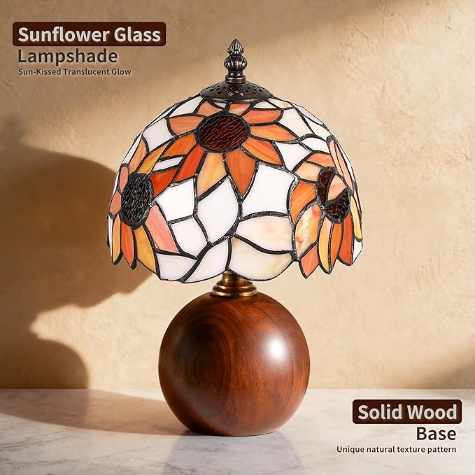 12.2" Tiffany Style Lamp, Handcrafted Stained Glass Sunflower Table Lamp with Spherical Solid Wood Base, 3-Color Dimmable Bedside Lamp for Nightstand & Bedroom, Vintage Aesthetic Accent Light