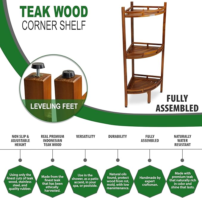 TeakCraft Teak Corner Shower Shelf, 3 Tier, 14Wx14Lx39.5H inches, Fully Assembled, The OM