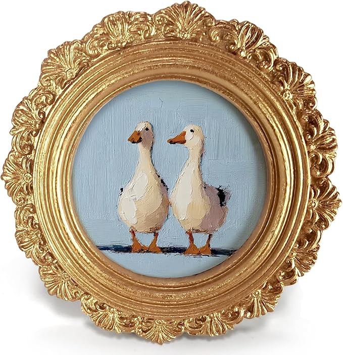Small Vintage Couple Duck Goose Round Picture Frame Wall Decor, Rustic Farmhouse Gold Mini Ornate Photo Frame for TableTop Desk 2.7in Photo,Funny Framed Artwork for Walls Office Bedroom Shelf