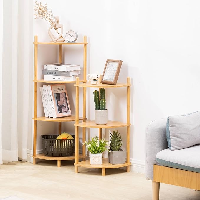 4-Tier Expandable Bamboo Corner Shelf Stand,Corner Bookshelf, Display Storage Shelves with Open Shelves, for Organization and Storage, Living Room, Home Office, Garage (1, Natural, 4-Tier)