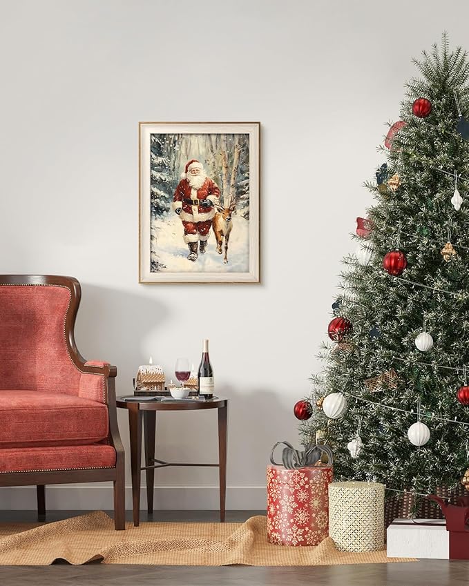 VIYYIEA Winter Framed Wall Art for Living Room, Santa Claus and Reindeer Canvas Prints, Oil Painting Home Decor, Christmas Picture, Bathroom Wall Decor Gifts for Friends or Family - 16L x 12W