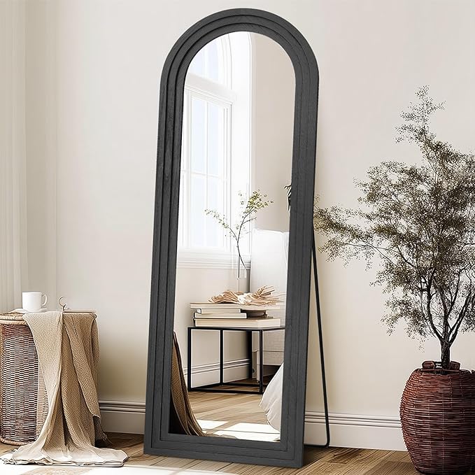 65"x22" Arched Floor Mirror, Solid Wood Full Length Mirror - Free Standing & Wall Mounted - Elegant Design for Bedroom, Dressing Room, Hallway, Black