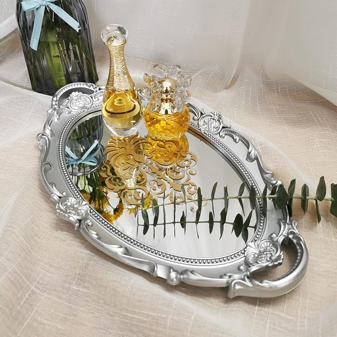 Oval Printed Decorative Mirror Tray, French Style, Mirror, Makeup Organizer, Jewelry Organizer, Serving Tray, 9.8"x 14.6", Silver