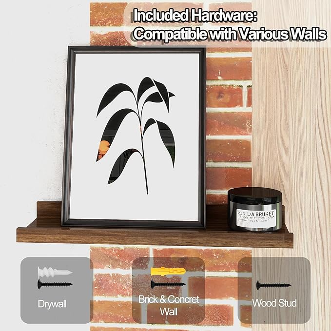 Small Floating Shelves for Wall Decor, Wall Mounted Wood Shelf for Bedroom, Living Room, Bathroom, Kitchen, Nursery, Display Ledge Shelf with Lip Set of 2-8 Inches, Walnut