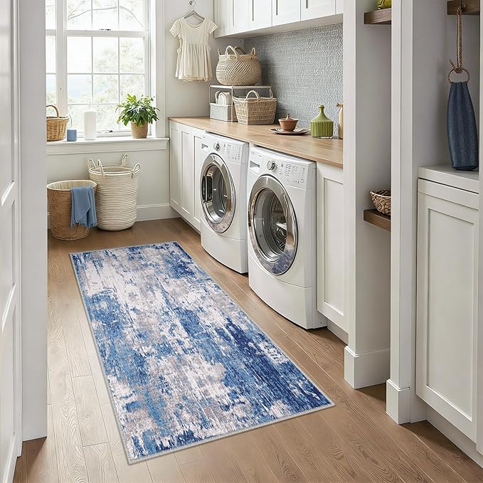 RELEANY Washable Area Rugs 3x6 Non-Slip Modern Abstract Soft for Living Room Entryway Bedroom Nursery, Print Pattern, Blue Grey Navy Gray