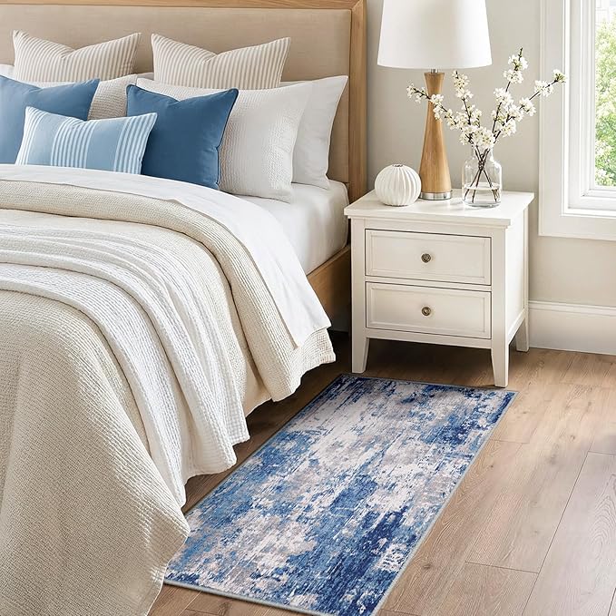 RELEANY Washable Area Rugs 2'x4' Non-Slip Modern Abstract Soft for Living Room Entryway Bedroom Nursery, Print Pattern, Blue Grey Navy Gray