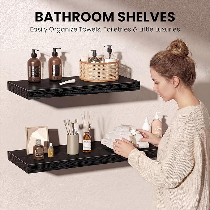Fun Memories 66 Inch Floating Shelves, 12 Inch Deep Wall Shelf for Fireplace Mantel, Black Deep Storage Shelves for Home & Office, Long Floating Shelf with Invisible Bracket, Set of 2