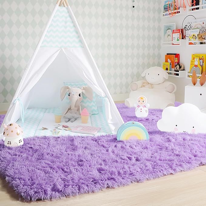 Purple Rugs for Bedroom Girls Room Decor Aesthetic, Cute Fluffy Shag Lavender Area Rug 4x6 for Living Room Dorm Classroom Nursery, Furry Plush Fuzzy Soft Throw Lilac Carpet for Kids, Baby, Teen