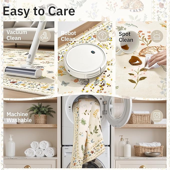 Soalmost Cat 8x10 Area Rugs for Living Room, Machine Washable Animal Floral Vintage Rug Non-Slip Low Pile Soft Throw Large Rugs for Bedroom Dining Room Kitchen Nursery Playroom (8 x 10,Beige)