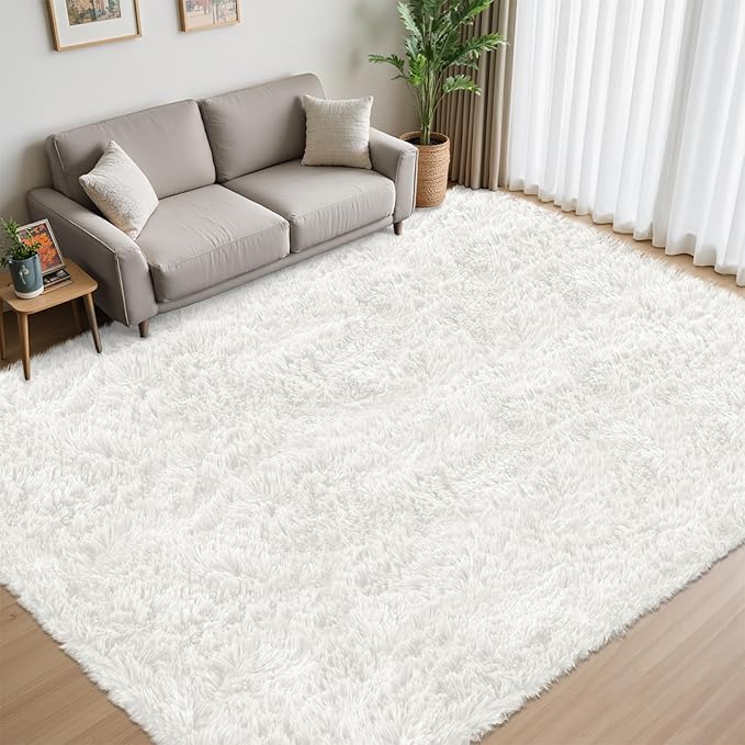 6x9 Area Rug for Living Room:Ultra Soft Fluffy Shag White Rugs,Large Fuzzy Plush Indoor Non Slip Carpet Washable Rug for Bedroom Kids Nursery Office Dorm Modern Decor(White 6'x9')