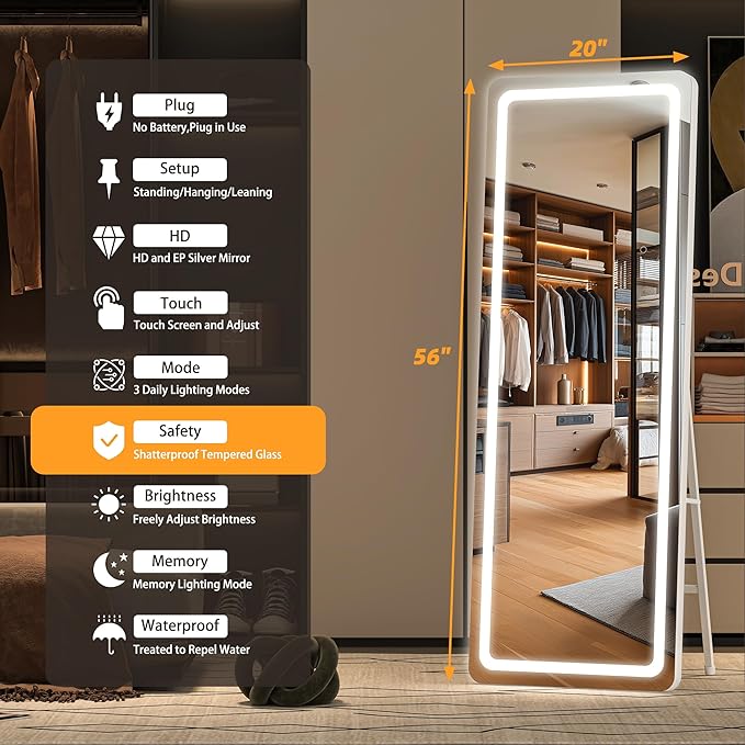 Hasipu Full Length Mirror with Lights, 56" x 20" LED Floor, Full Body Dressing Standing, Hanging Mounted Mirror, Round White