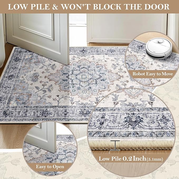 CAPALOCA Machine Washable Rugs Nursery Rug 4x6 Cute Girl Non Slip Low Pile Water Repellent Soft Print Pattern for Bedroom Indoor Decor Kids Playroom Blue White