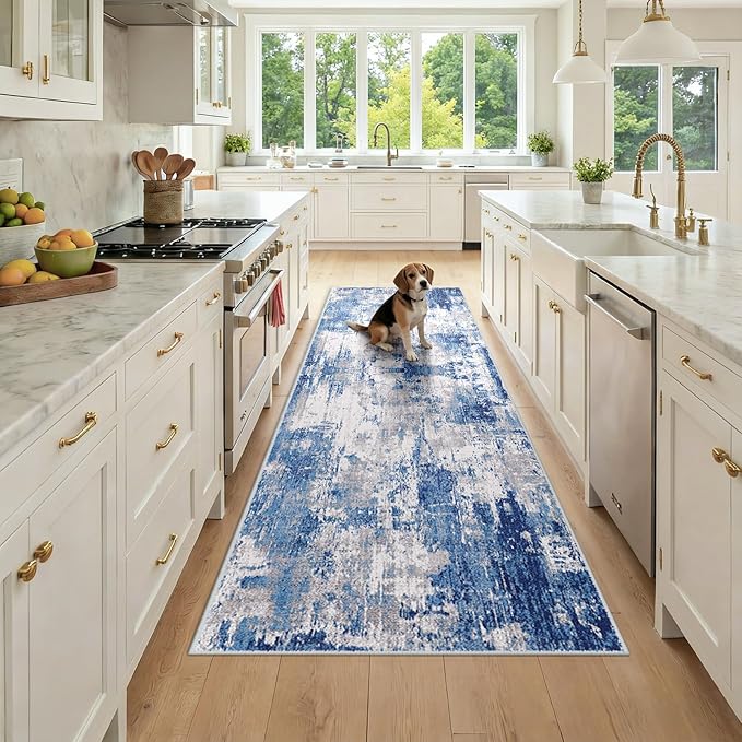 RELEANY Washable Area Rugs 3x8 Non-Slip Modern Abstract Soft for Living Room Entryway Bedroom Nursery, Print Pattern, Blue Grey Navy Gray