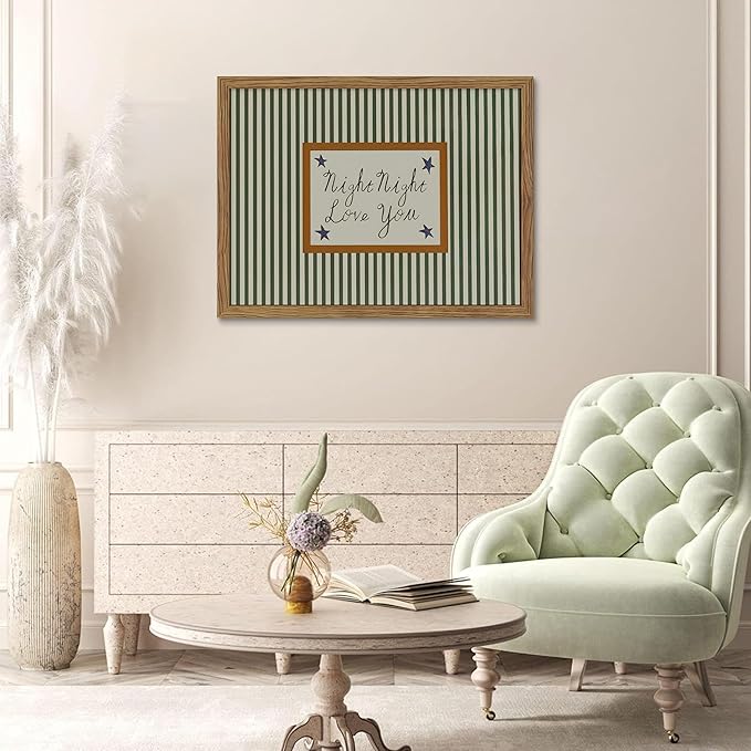 Vintage Green Wall Art, Mid Century Night Night Love You Stripe Canvas Wall Decor Painting, Modern Minimalist Nursery Striped Prints Pictures for Baby Room Kids Bedroom 16x24 Inch Framed