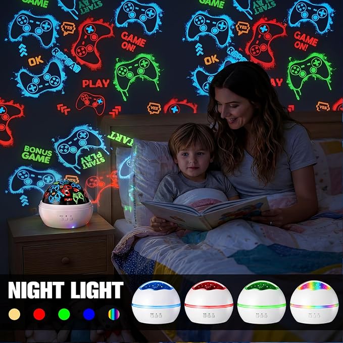 Lewtemi Gaming Room Decor Night Light for Boys 2 in 1 Game Controller Projector Lamp with 360° Rotating Ceiling Starry Sky Game Projection LED Nightlight for Kids Gaming Room, Two Ways to Charge