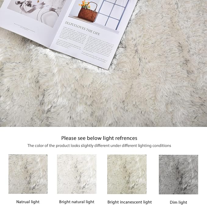 ORINOVA White and Gray Furry Carpet for Bedroom Fuzzy Faux Sheepskin Washable Fur Area Rugs for Living Room Rug 4x6 Rectangle Nursery Rug