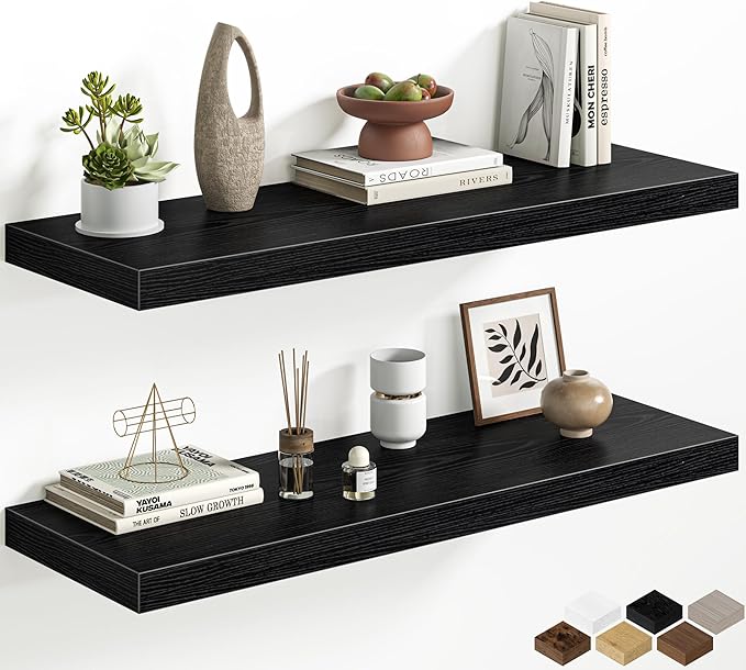 36 Inch Black Floating Shelves for Wall, 12 Inch Deep Shelves for Bedroom, Kitchen, Bathroom Wall Mounted, Rustic Wood Floating Shelf with Invisible Brackets for Books, Storage, Decor, 2 Pack