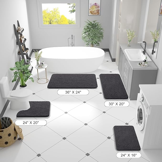 OLANLY Large Bathroom Rugs 45x27, Extra Soft Absorbent Chenille Bath Rugs, Rubber Backing Quick Dry, Machine Washable Bath Mats for Bathroom Floor, Tub and Shower, Home Decor Accessories, Dark Grey