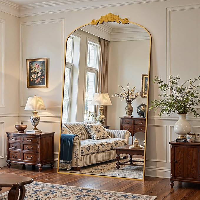 Antok Arched Full Length Mirror, 72"x44" Floor Mirror with Carved, Full Body Mirrors for HomeDecor, Standing/Halling Large Wall Mirror for Bedroom, Living Room, Cloakroom, Gold, Retro Style