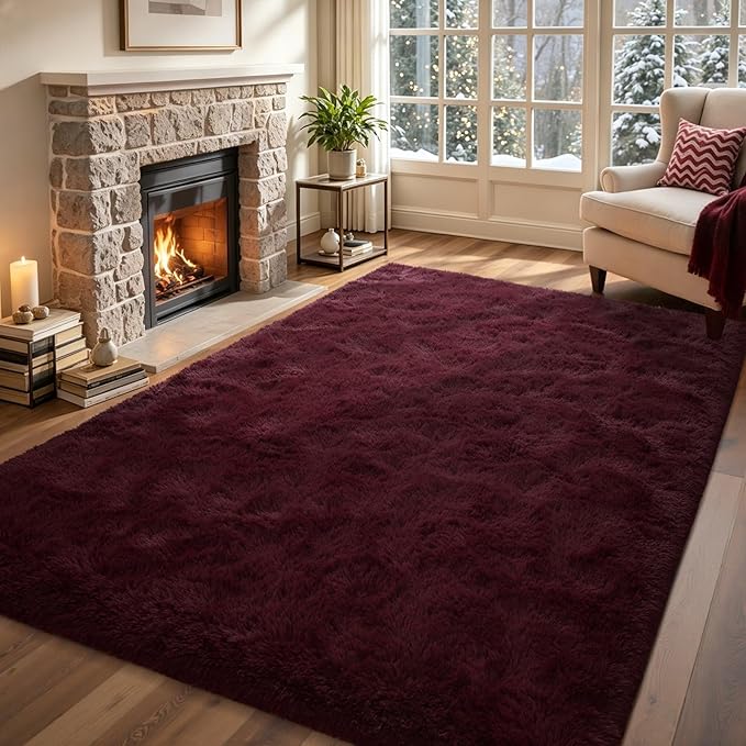 Red Area Rugs for Bedroom 4x6 Shag Fur Rug,Modern Non-Slip Soft Plush Carpets for Girls Woman Female Living Wedding Room Home Décor Aesthetic Dark
