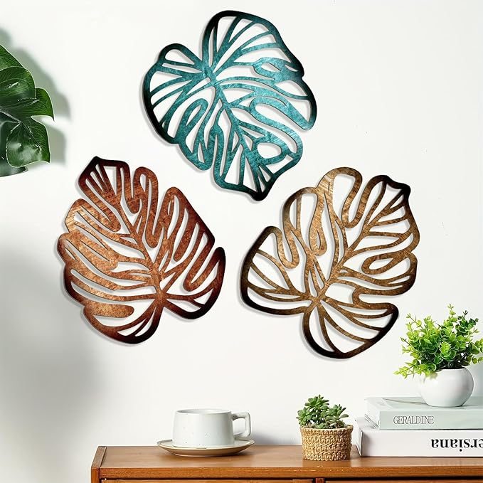 Palm Leaves Wood Wall Decor , 3Pcs Tropical Wall Art Jungle Decor, Wooden Natural Leaves Plant Wall Decor, Vintage Tropical Plant Plaque for Home Living Room Kitchen Bedroom Bathroom & Garden, Blue&Brown