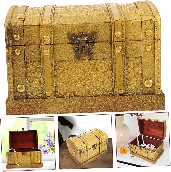 VALICLUD Vintage Wooden Pirate Treasure Chest Small with Metal Lock Elegant Jewelry and Keepsake Storage Box for Collectibles Gifts and Makeup Organizer Classic Design for Women and Party