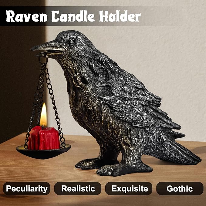 Gothic Crow Lamp with Tealight Candle Holder Resin Raven Decor Statue Gothic Home Decor for Bedroom Unique Goth Gifts Half Silver 2P