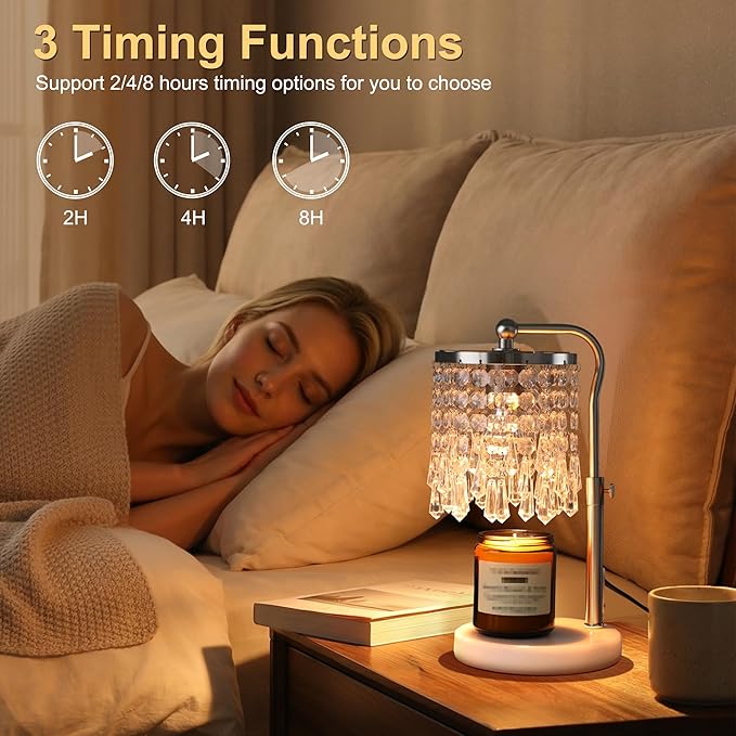 Candle Warmer Lamp with Timer Dimmer, Crystal Candle Lamp Birthday Gifts for Women, Mom, House Warming Gifts Wax Melt Warmer for Jar Candles with 2 Bulbs, Silver