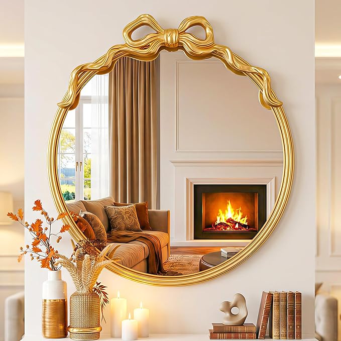 Round Gold Wall Mirror - 21"x21" Baroque Vintage Ornate Mirrors of Wall, Antique Gold Bow Mirror Circle with Metal Frame for Living Room, Bedroom, Nursery, Bathroom, Entryway, Hallway