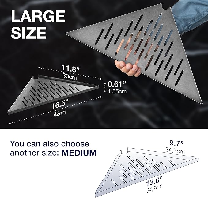 Corner Caddy Bathroom Shower Shelf - Adhesive / Drill / No Drill Shelves - 16" Strong Corner Silver Floating Shower Shelves - Triangle Shelf Bathroom Shower for Inside Shower, Tiled Wall, Caddies