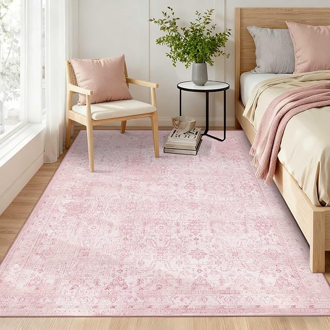 Rugxara 4x6 Rug for Living Room Bedroom, Pink Washable Throw Rugs, Vintage Retro Boho Area Rugs, Non Slip & Low Pile Accent Carpet for Indoor Nursery Room, Dining Room, Kids Girls Room