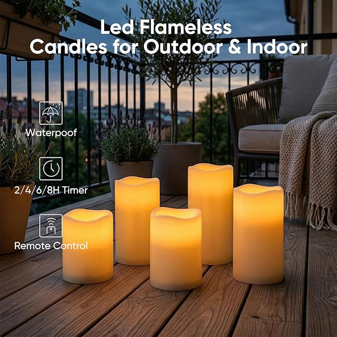 5plots 3"X 4"4" 5" 5" Outdoor Waterproof Candles, Battery Operated Led Ivory White Flameless Candles with 10-Key Remote & Timer for Indoor Home Lantern Holiday Decor, Set of 4