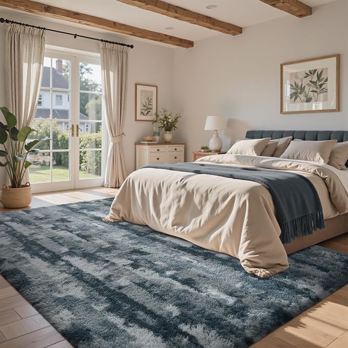 5x7 Feet Area Rugs for Living Room, Grey and Blue Plush Fluffy Shaggy Bedroom Rugs Non-Slip, Ultra Soft Carpet for Nursery Kids PlayRoom Dorm Office Indoor