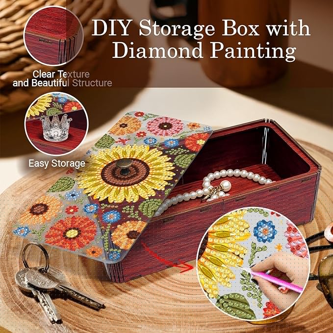 Diamond Art Painting Storage Box Kit, DIY Rectangular Wooden Decorative Container Holder with Lid, Snack Jewelry Gem Art Organizer Case for Adults (Sunflower)