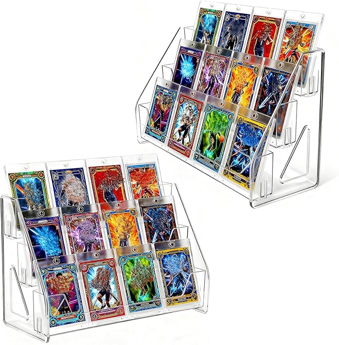 2 Pack 3-Tier Greeting Card Display Stand – Clear Vertical Riser Shelf Rack Holder for Trading Baseball Basketball Sports Graded Game Cards