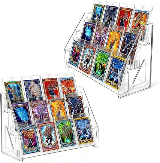 2 Pack 3-Tier Greeting Card Display Stand – Clear Vertical Riser Shelf Rack Holder for Trading Baseball Basketball Sports Graded Game Cards