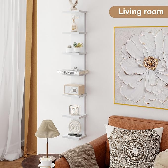 Fun Memories 7 Tier Wall Shelf Unit, White Floating Shelves for Storage - Vertical Column Tower Design, Lack Wall Shelf Space Saving Organizer for Bedroom, Living Room, Home Decor