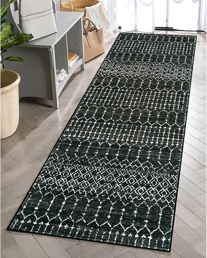 Lahome Moroccan Black Long Runner Washable Hallway Rug, Ultra-Thin Non Slip Kitchen Runner, Soft Modern Print Indoor Floor Carpet for Entryway Stair (Black, 2'5''x12'') Hana